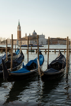 Peaceful Dawn View of Gondolas in Venice&rsquo;s St. Mark&rsquo;s Basin