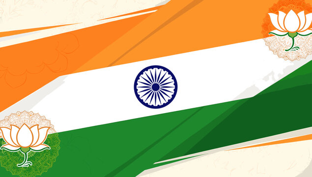 Abstract depiction of the Indian flag with saffron, white, and green brushstrokes, featuring the Ashoka Chakra and two lotus symbols.