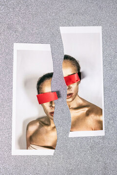 Analog collage, anonymous woman-s portrait ripped in half