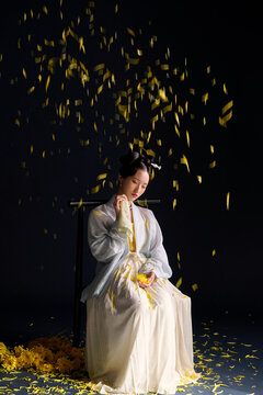 Chinese woman wearing traditional ancient Hanfu, with chrysanthemums