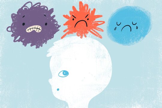 Child&rsquo;s head with a thoughtful expression and emotions above the head