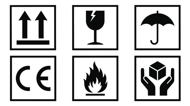 Shipping labels depict essential cargo handling instructions including upward arrows, fragile glass, an umbrella, certification, fire warning, and hand holding a package.