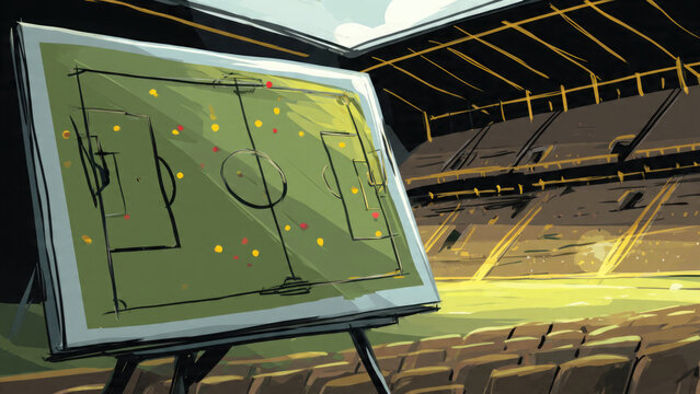 Football tactics board illustration in stadium setting with sketched play diagram