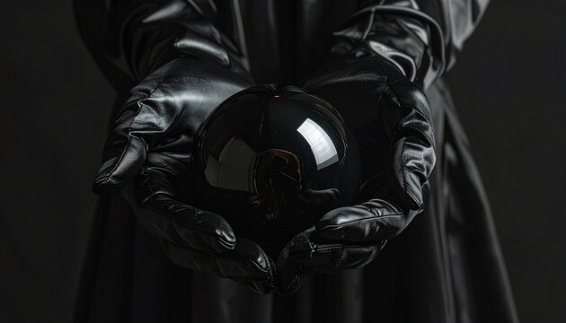Person holding crystal ball in black leather gloves and robe