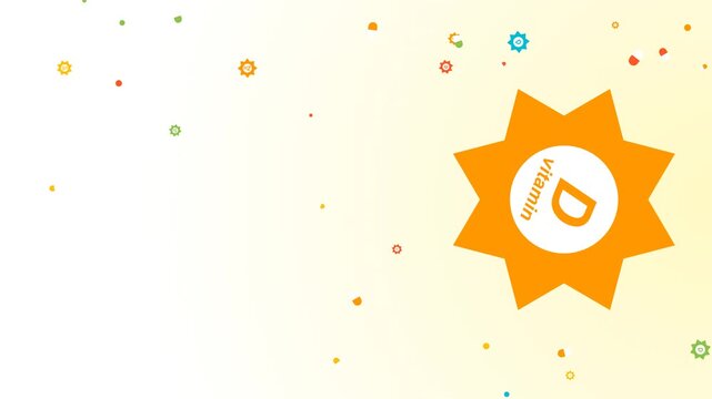 Medical healthcare background loop featuring a large orange sun icon with Vitamin D text and tiny multi-colored nutrient particles floating on a bright gradient backdrop. Perfect for slides