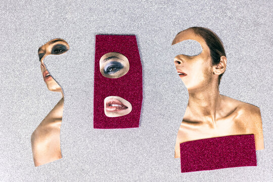 Analog collage of womans facial features, eyes.