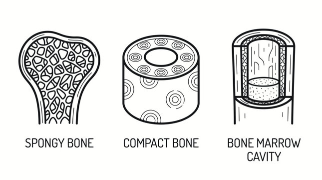 Educational diagram showing the internal structure of human bone including spongy bone compact bone and marrow cavity.