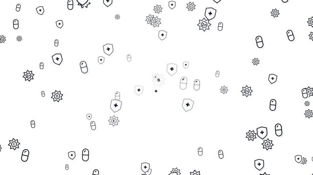 Medical healthcare background loop featuring black line icons of vitamin stars, capsule pills, and immune shields floating on a white backdrop. Ideal for clinical presentation slides