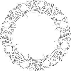 Naklejka premium Black and white illustration of party objects forming a circle
