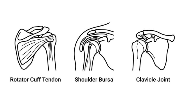 Medical illustration showing human shoulder anatomy including rotator cuff tendon bursa and clavicle joint.