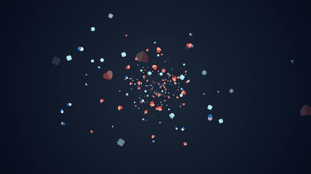 Medical healthcare background loop featuring a dynamic tunnel fly-through of floating capsule pills, hearts, and cross icons on a dark backdrop. Ideal for pharmacy presentation slides