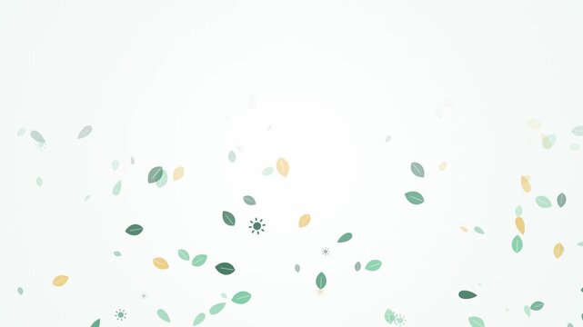 Abstract nature background loop featuring tiny green and yellow flat leaves floating gently with sun and snowflake icons on a clean white backdrop. Perfect for seasonal eco presentations