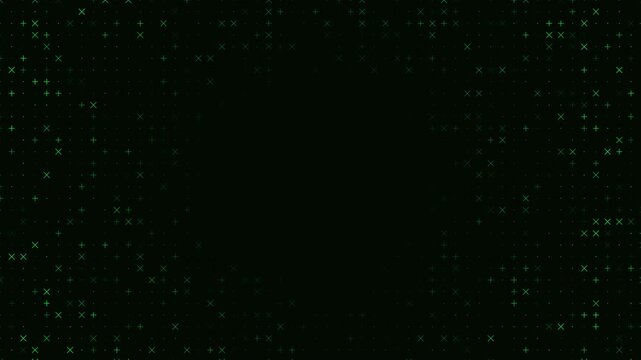 Abstract technology background loop featuring tiny green glowing plus signs and cross particles flickering over a dark backdrop. Ideal for cyber data security presentation slides
