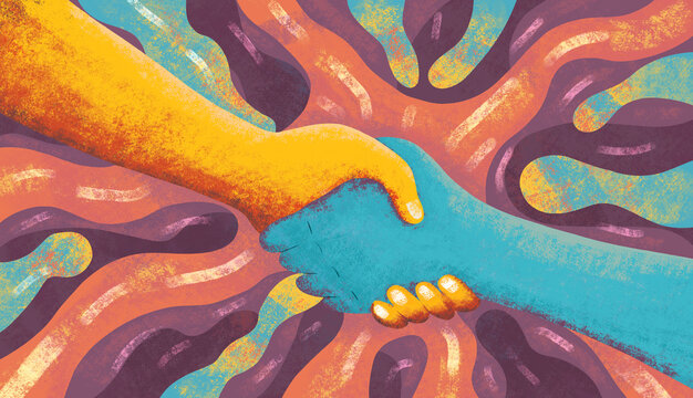 Two hands shaking in a colorful design