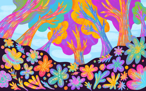 Colorful trees and flowers in a bright vibrant landscape scene