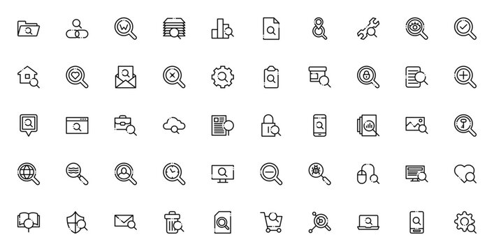 Search icon set. Minimal vector icons. Includes symbols for search engine, wiki, document, gps, repair, lens, check mark, lock, zoom in, dialog, bag, home and more. Editable vector stroke.