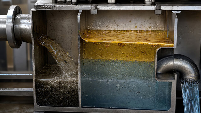 A close-up view of a filtration system showcasing the separation of various layers of liquids in a metallic chamber.