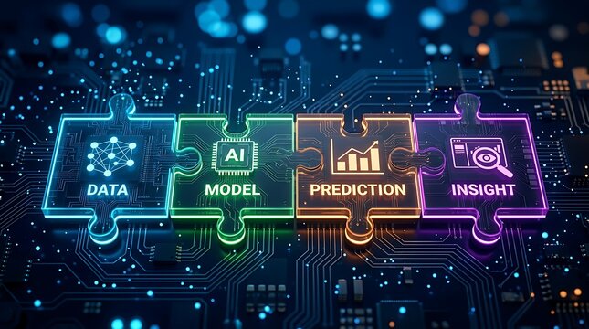 Data, AI Model, Prediction, and Insight puzzle pieces forming a digital circuit board, representing the process of machine learning and business intelligence.