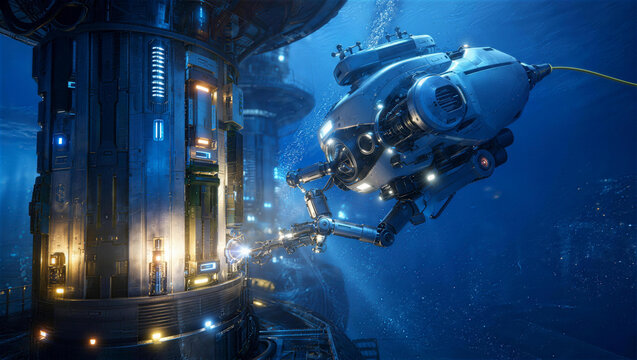 Underwater Metropolis: A futuristic submersible explores a sprawling underwater city, illuminated by the ethereal glow of bioluminescent lights and the deep blue of the ocean.