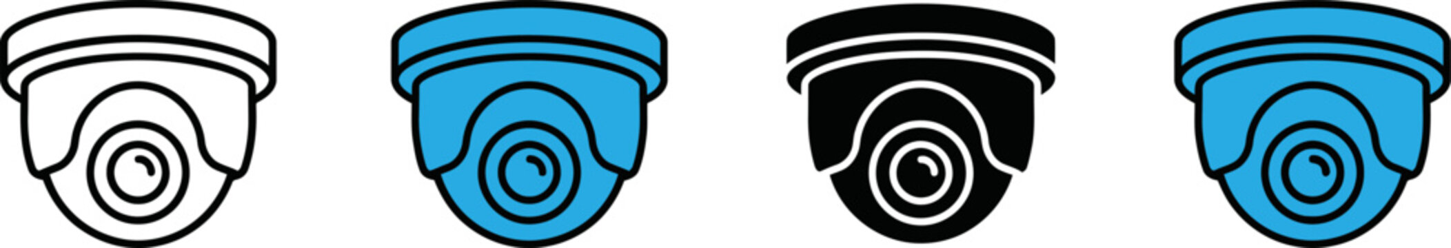 Security camera icons in white blue and black colors on white background