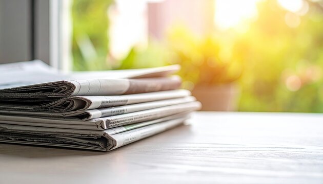 Stack of folded newspapers rest on a white surface with soft, natural light