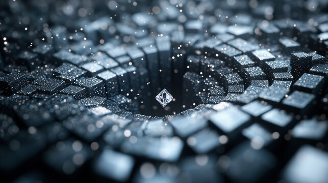 Abstract 3D glowing diamond floating in a futuristic dark blue technological space vortex