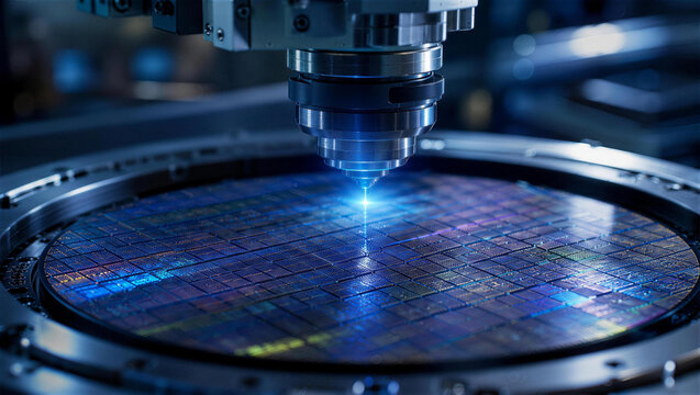 Microchip Manufacturing: A close-up view of a high-tech semiconductor wafer on a manufacturing line, with a robotic arm precisely working on the intricate circuitry.