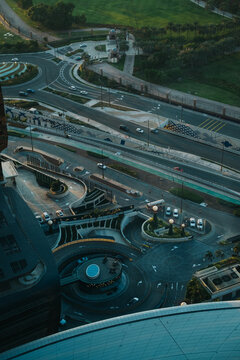 Urban road intersection and roundabout in Abu Dhabi from above