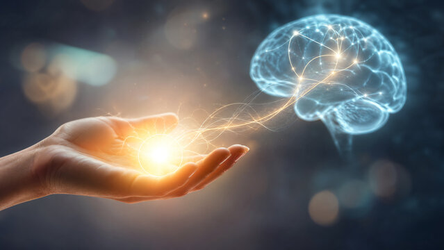 A hand holding a glowing orb representing creativity and ideas, with a digital brain glowing above, symbolizing innovation.