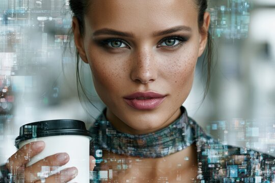 Beautiful confident woman holding takeaway coffee cup with silhouette interwoven with subtle glowing waves of abstract data streams and binary light patterns.
