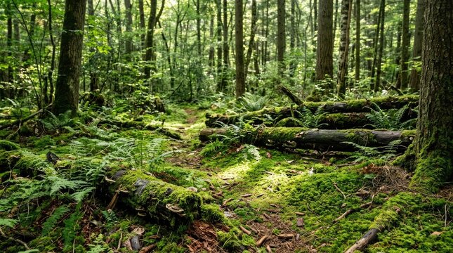 Sunlight filters through a dense forest, illuminating a moss-covered forest floor. Fallen logs and ferns create a textured path winding through towering trees.