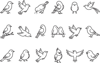 Fototapeta premium Bird icons set line art vector illustrations of various birds flying sitting on branch and eating seeds