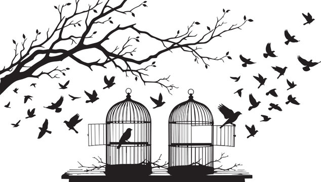 Birds escaping from open birdcages silhouette conceptual illustration of freedom and liberation