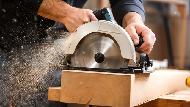 A skilled worker using a circular saw to cut a wooden plank, showcasing craftsmanship and precision in woodworking.