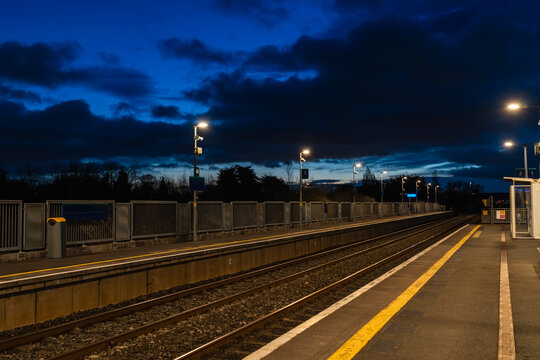 Early Morning at Empty Train Station in Dublin Before Dawn