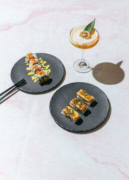 Vegan "fish" sushi and cocktail