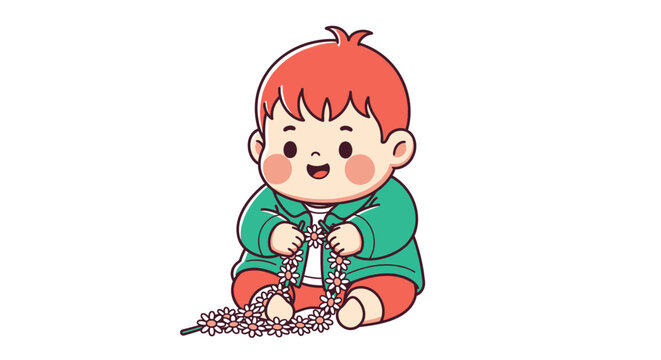 Cute cartoon toddler playing with broken chain links.