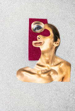 Art Piece Shows a Collage With Human Features on a Silver Background