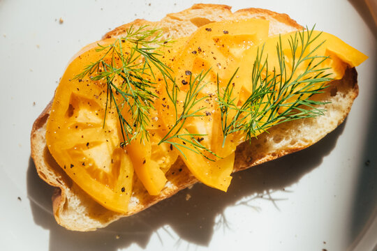 Sliced Yellow Tomato on Toast Summer Food