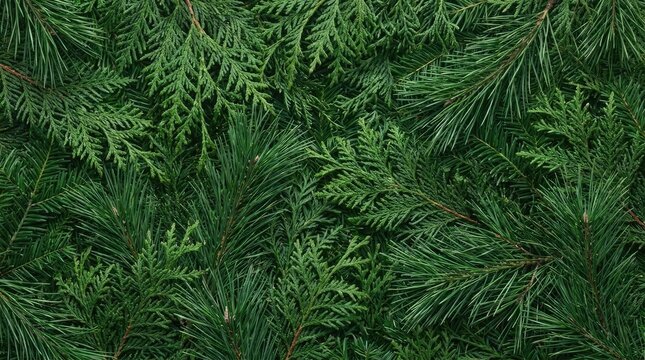 A dense, close-up view of evergreen tree branches. The branches are covered in vibrant green needles.