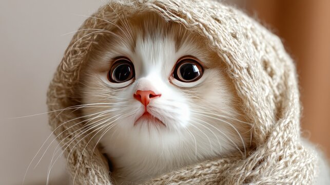 Adorable Cat Wrapped in Cozy Knit Hood with Big Eyes and Soft Fur, Perfect for Heartwarming Pet Illustrations