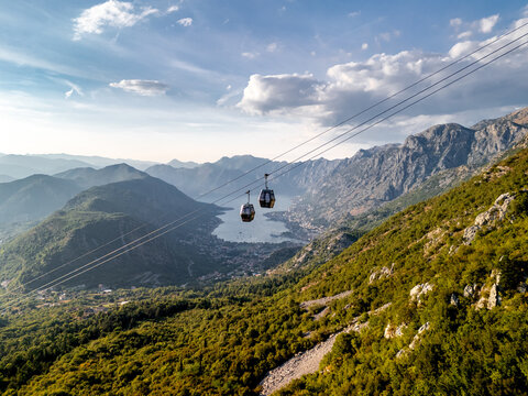 Kotor Cable Car over the bay in Montenegro, drone panorama