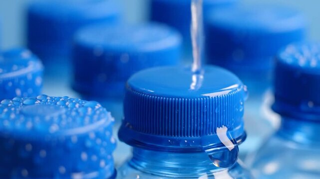 Water being poured over blue plastic bottle caps with fresh condensation droplets