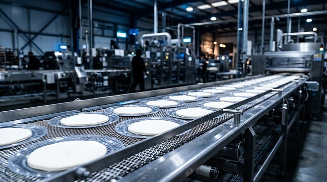 Raw pizza dough bases moving along a conveyor belt in a large-scale food production factory with industrial machinery and workers in the background.