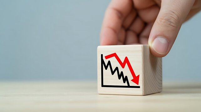A person places a wooden block with a declining graph on a table indoors.