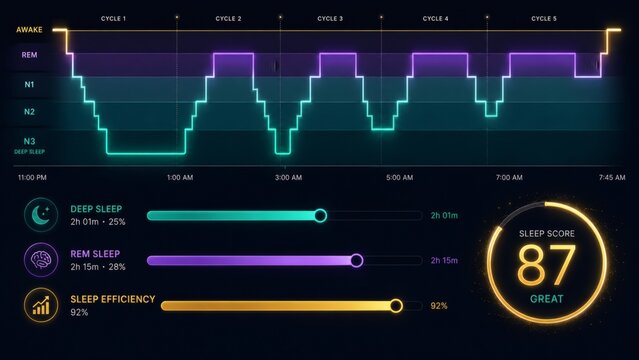 Sleep Cycle Hypnogram Infographic with REM Deep Sleep Stages, Sleep Efficiency Metrics and Sleep Score Dashboard Visualization