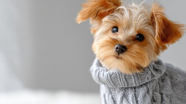 Cute small dog wearing cozy knitted sweater indoors with soft background and bright lighting, showcasing playful personality and charm