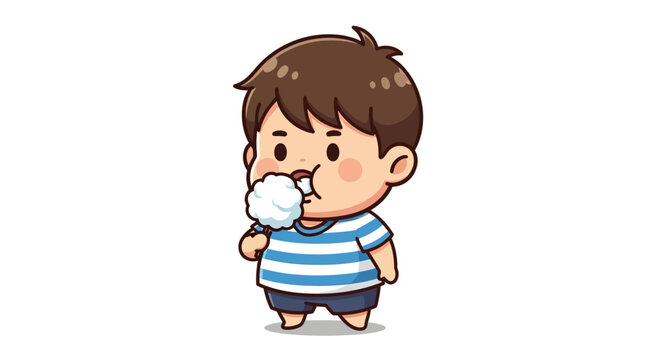 Cute Cartoon Boy Enjoying Delicious Bubble Gum Blowing.