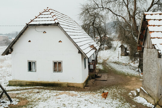 Snow covered farmhouse and barns in winter village