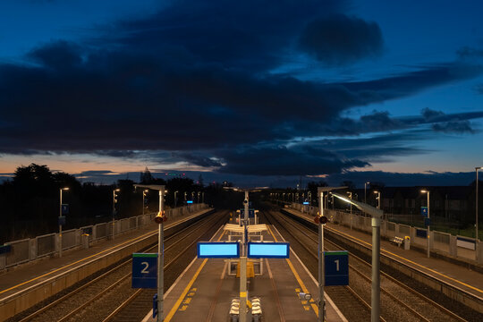 Morning Light at Empty Train Station in Dublin Near Dawn